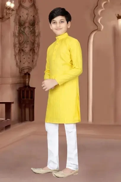 Boys Festive & Party Kurta and Pyjama Set  (Yellow Pack of 1)