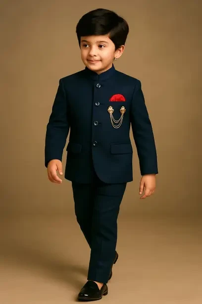 Boys Festive & Party, Wedding Blazer and Pant Set  (Dark Blue Pack of 1)