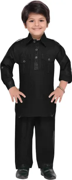 Boys Festive & Party Pathani Suit Set  (Black Pack of 1)